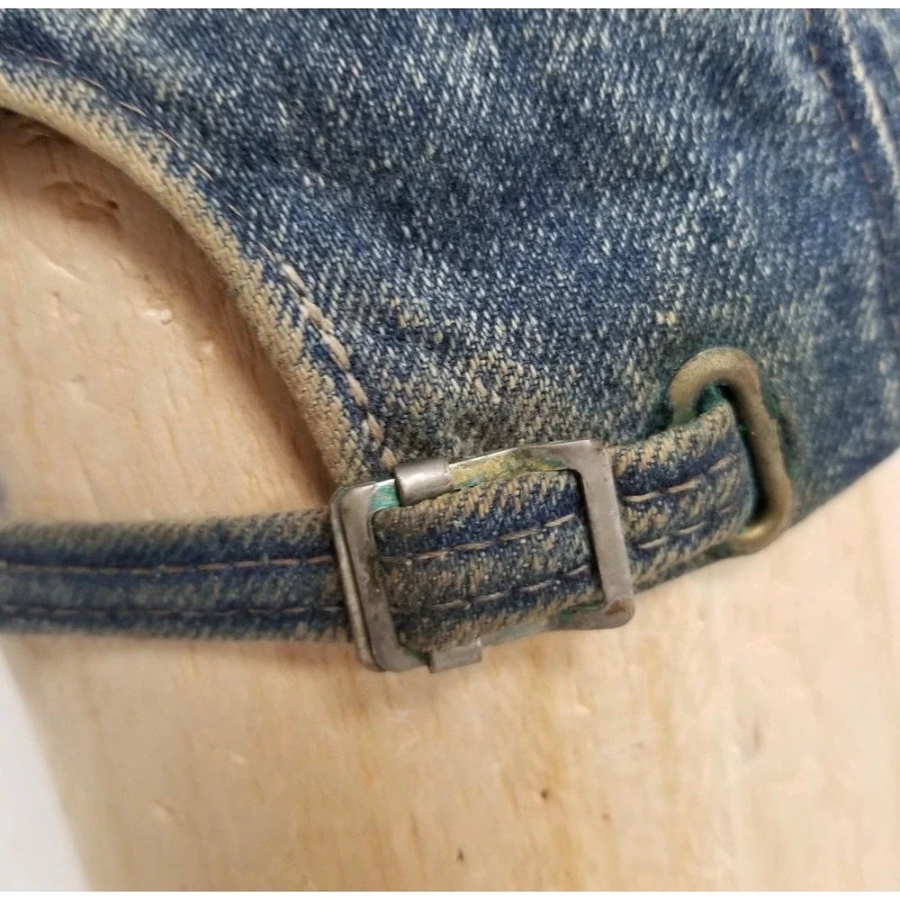 Adventure Bound Acid Wash Denim Cap Leather Bib Baseball Distressed Streetwear